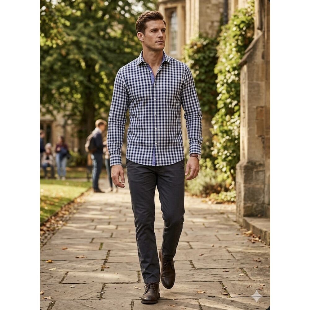 Jas Tattersall London Cotton Blue Gingham Dobby Texture Contrast Collar Casual M
